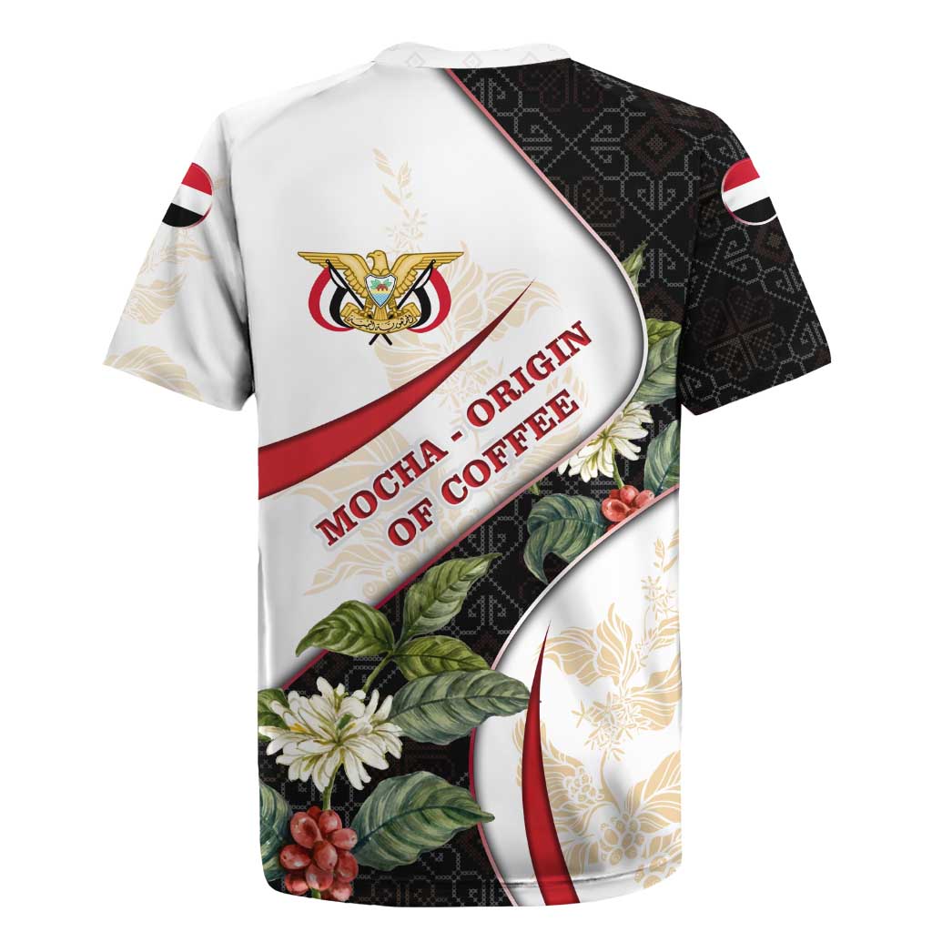 Yemen Rugby Jersey with Mocha Coffee Plant Design and National Flag Accents