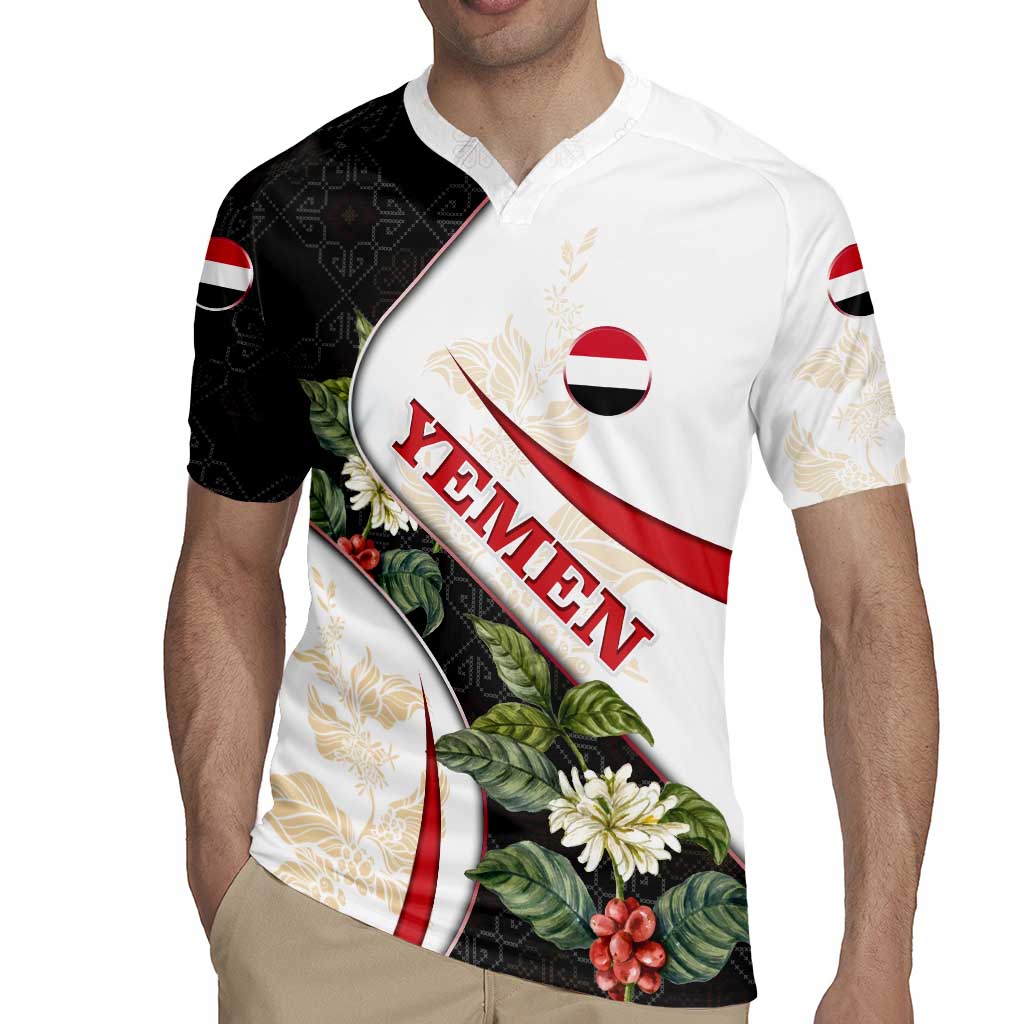 Yemen Rugby Jersey with Mocha Coffee Plant Design and National Flag Accents