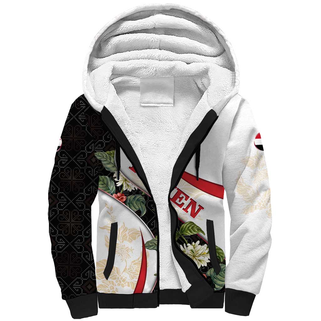 Yemen Sherpa Hoodie with Mocha Coffee Plant Design and National Flag Accents