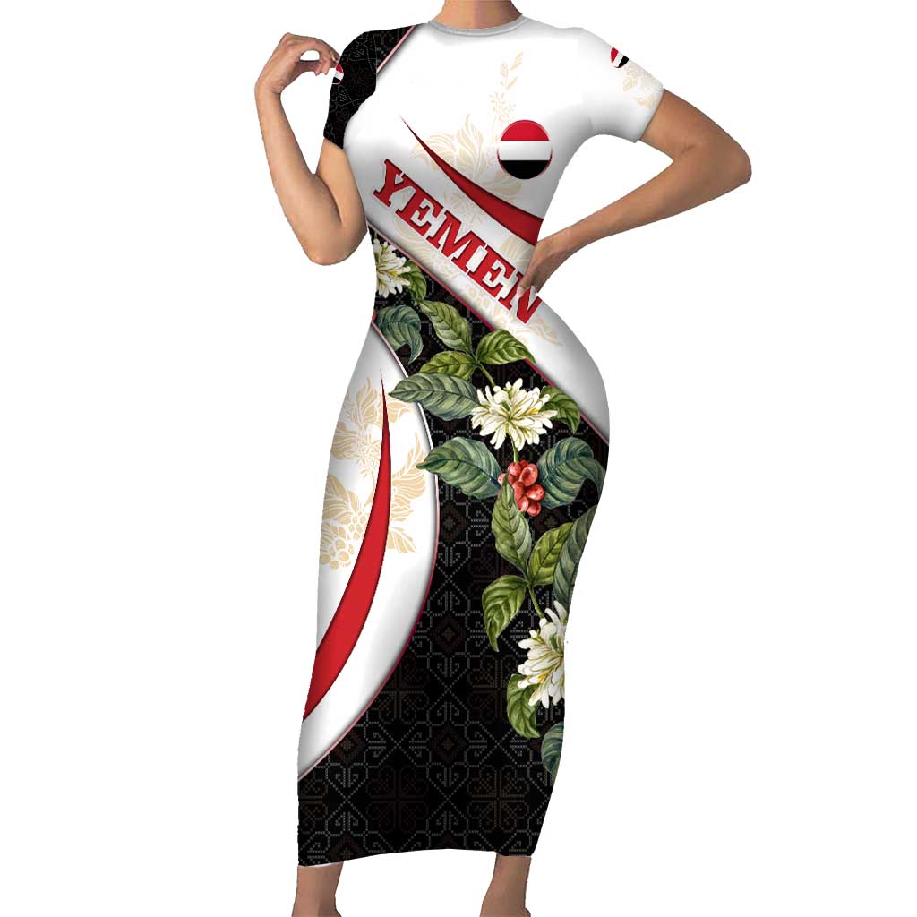 Yemen Short Sleeve Bodycon Dress with Mocha Coffee Plant Design and National Flag Accents
