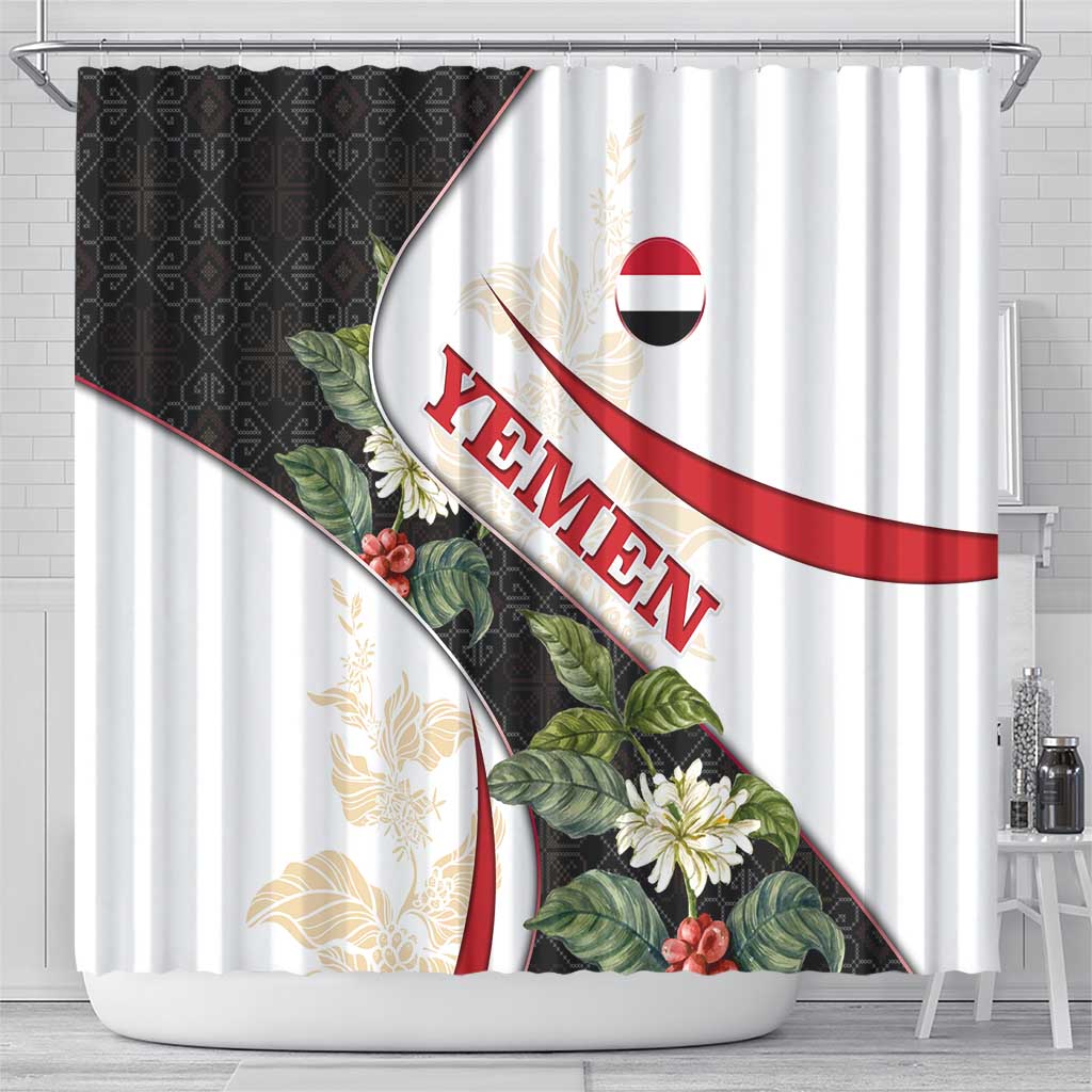 Yemen Shower Curtain with Mocha Coffee Plant Design and National Flag Accents