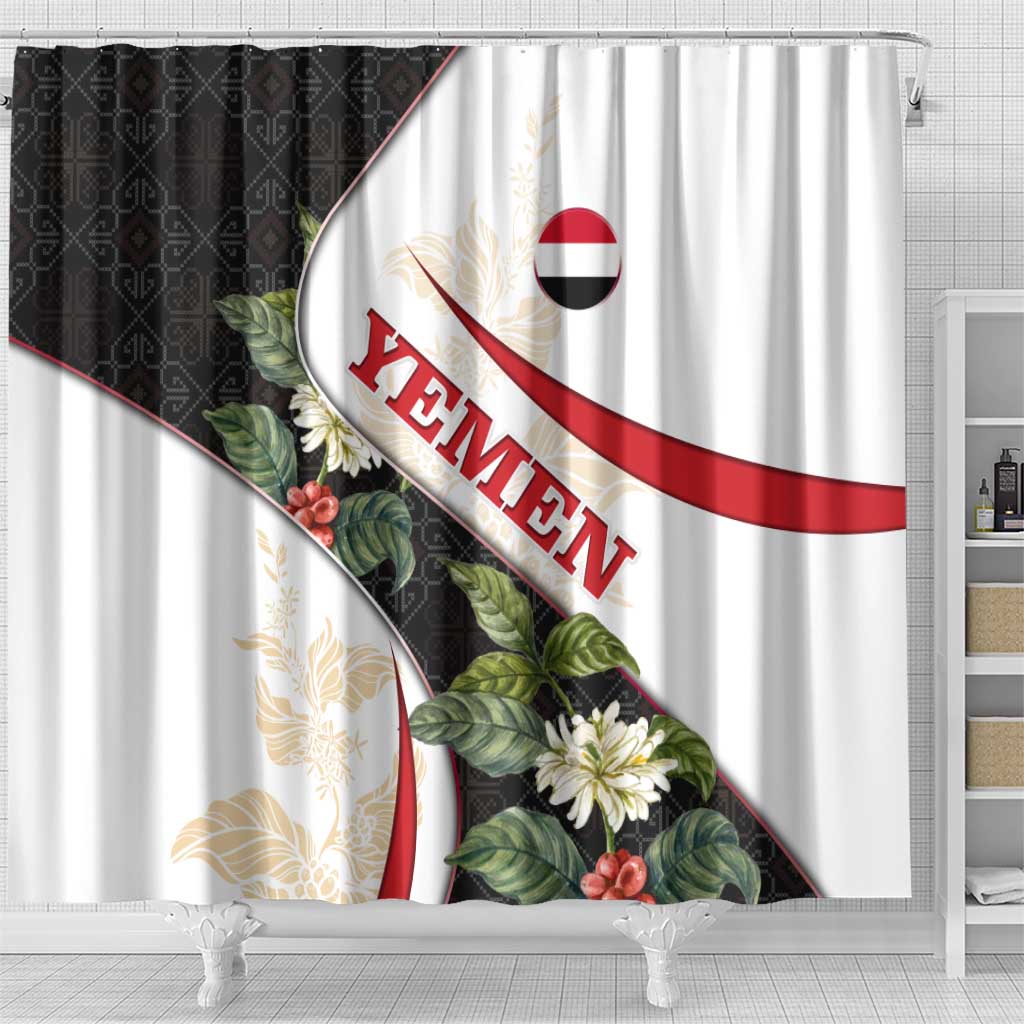 Yemen Shower Curtain with Mocha Coffee Plant Design and National Flag Accents
