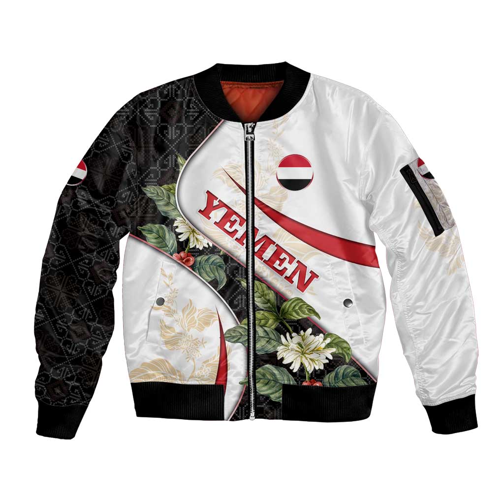 Yemen Sleeve Zip Bomber Jacket with Mocha Coffee Plant Design and National Flag Accents