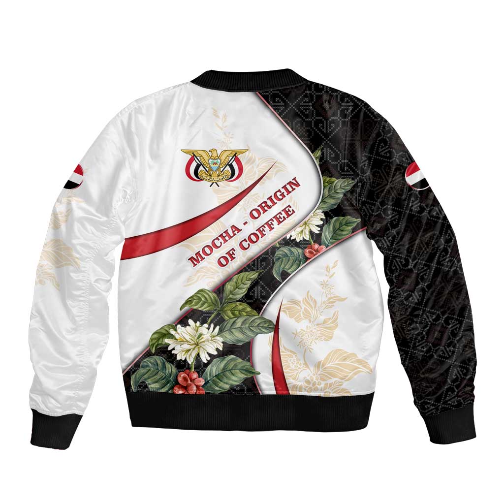 Yemen Sleeve Zip Bomber Jacket with Mocha Coffee Plant Design and National Flag Accents