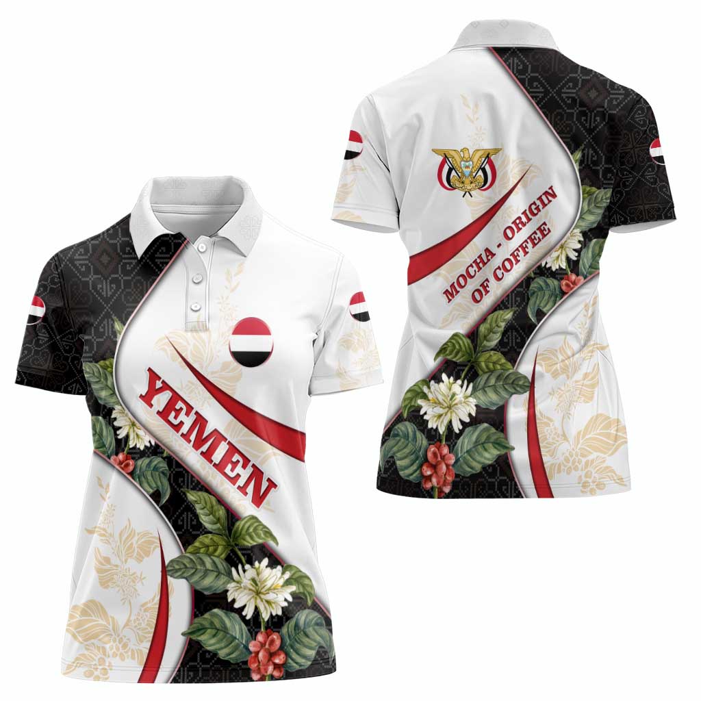 Yemen Women Polo Shirt with Mocha Coffee Plant Design and National Flag Accents
