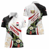 Yemen Women Polo Shirt with Mocha Coffee Plant Design and National Flag Accents