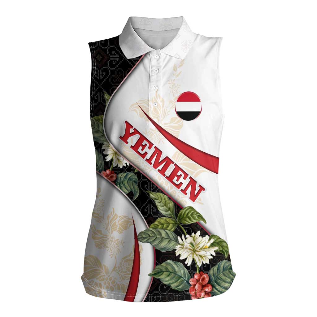 Yemen Women Sleeveless Polo Shirt with Mocha Coffee Plant Design and National Flag Accents