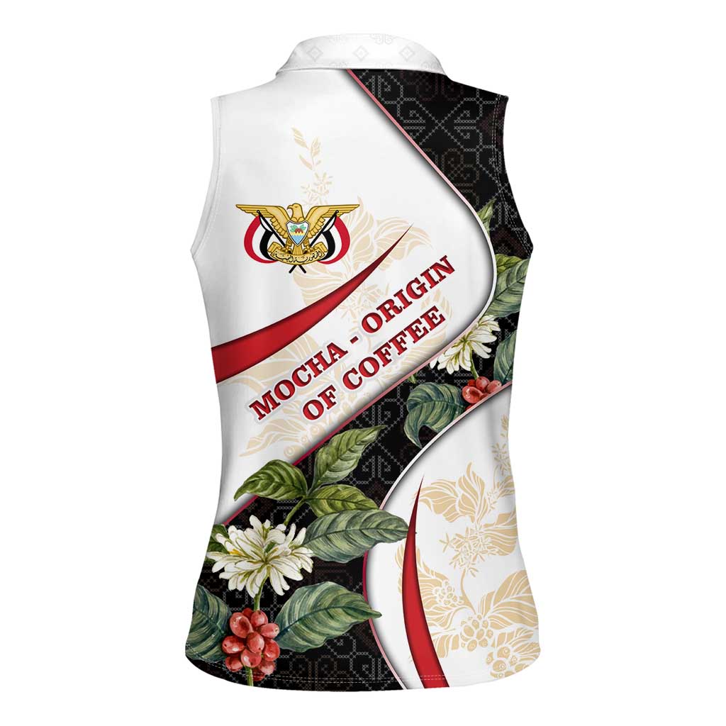 Yemen Women Sleeveless Polo Shirt with Mocha Coffee Plant Design and National Flag Accents