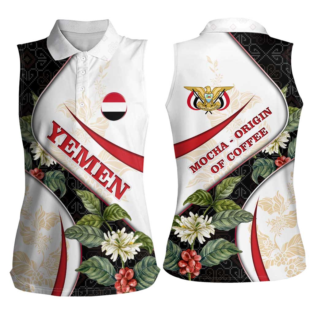 Yemen Women Sleeveless Polo Shirt with Mocha Coffee Plant Design and National Flag Accents