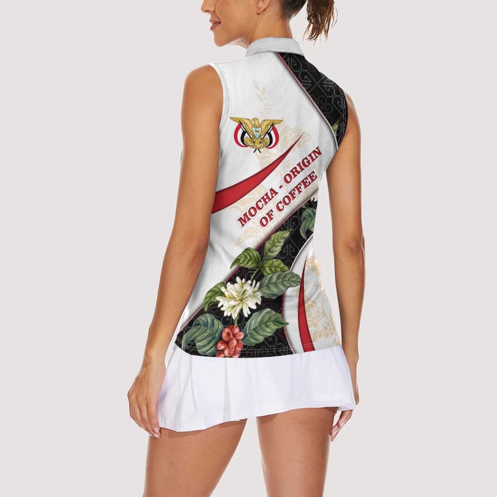 Yemen Women Sleeveless Polo Shirt with Mocha Coffee Plant Design and National Flag Accents