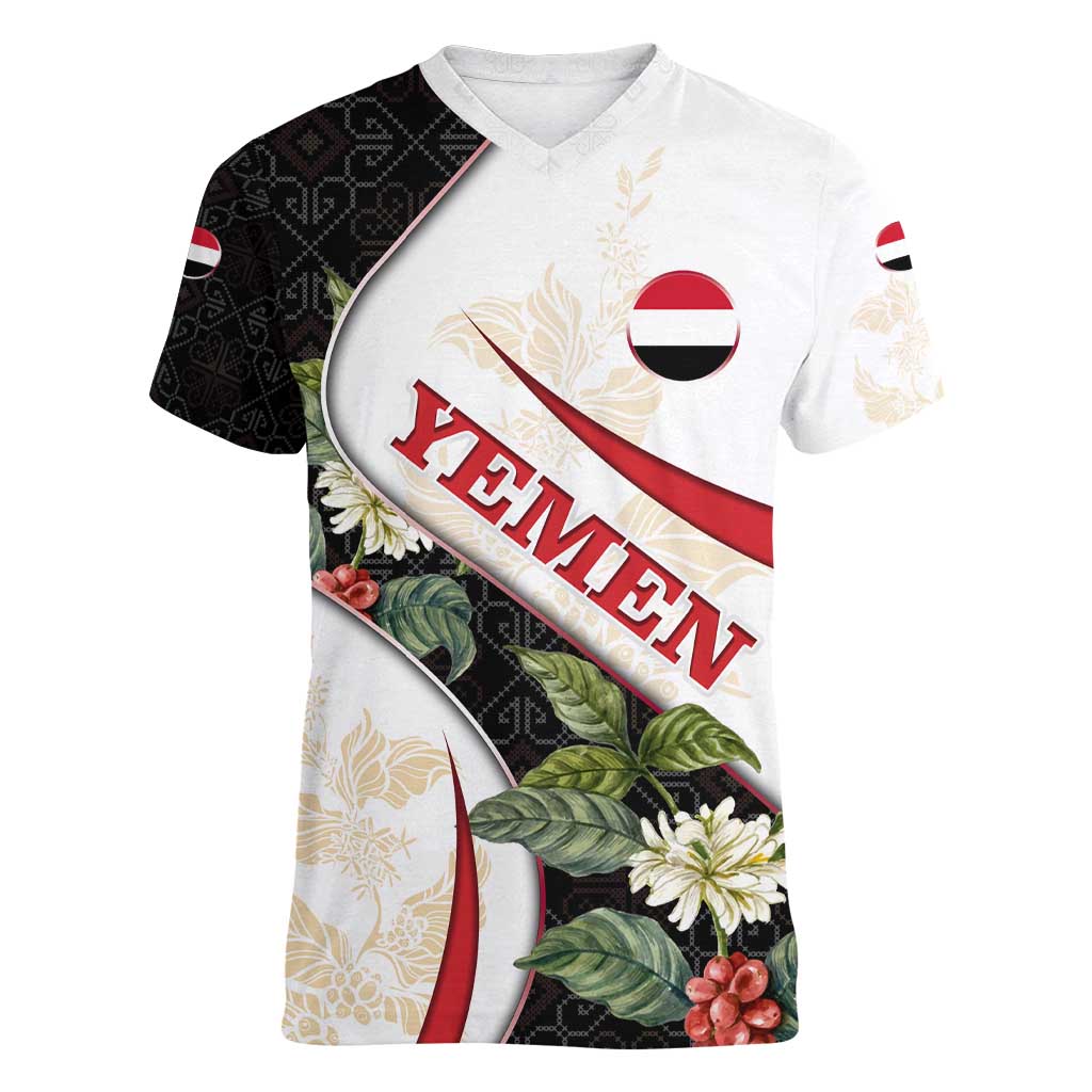 Yemen Women V-Neck T-Shirt with Mocha Coffee Plant Design and National Flag Accents