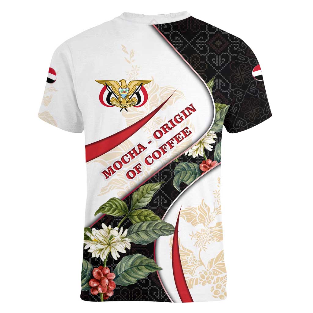 Yemen Women V-Neck T-Shirt with Mocha Coffee Plant Design and National Flag Accents