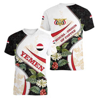 Yemen Women V-Neck T-Shirt with Mocha Coffee Plant Design and National Flag Accents