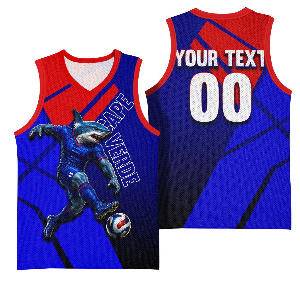 Personalized Cape Verde Soccer Shark Mascot Basketball Jersey Blue Sharks Football Player Dynamic Graphic
