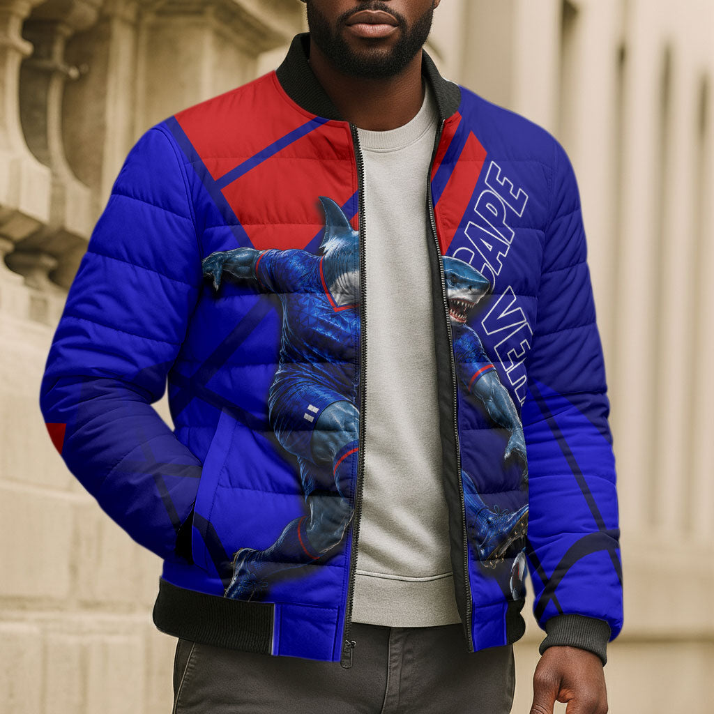 Personalized Cape Verde Soccer Shark Mascot Bomber Puffer Jacket Blue Sharks Football Player Dynamic Graphic