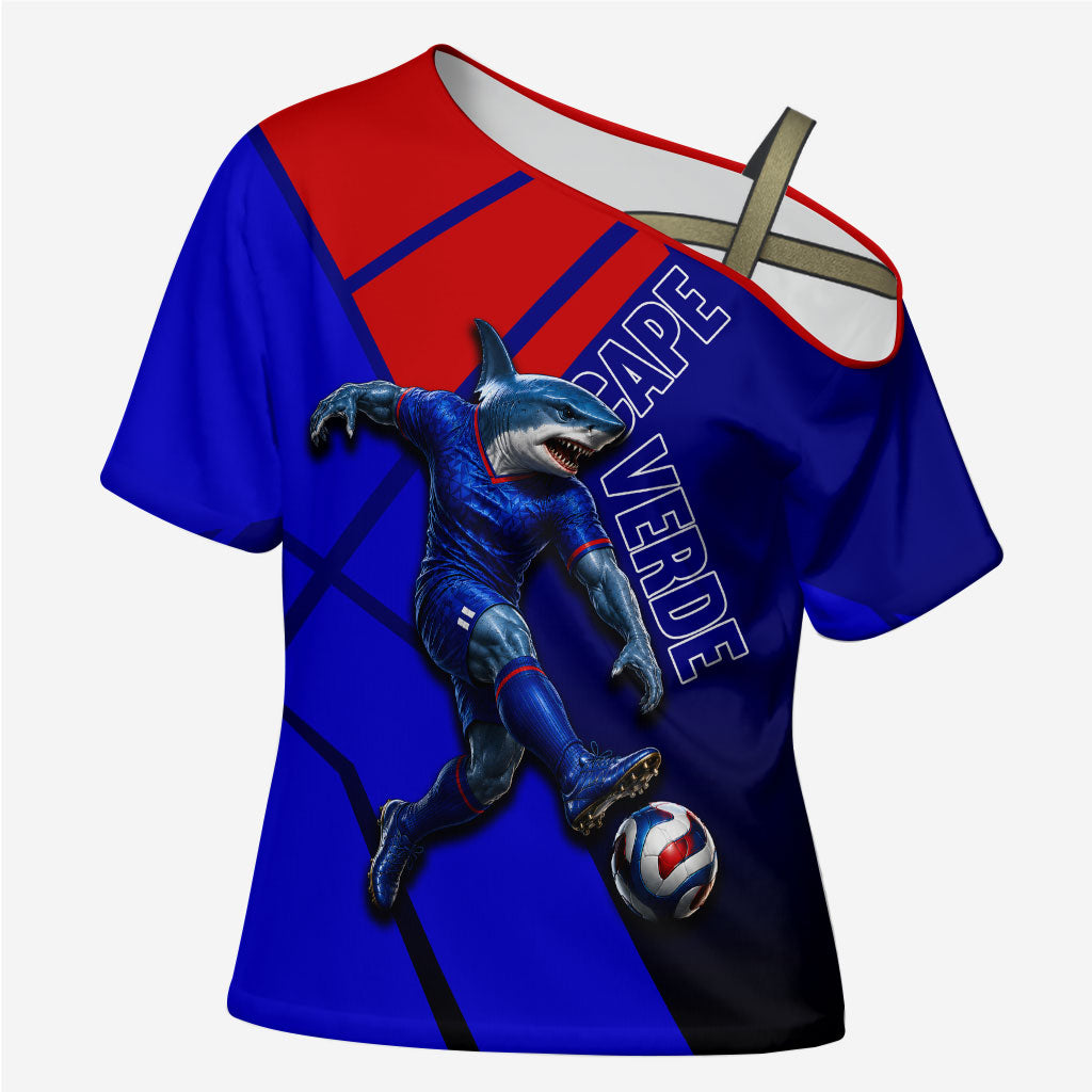 Personalized Cape Verde Soccer Shark Mascot Cross Shoulder Shirt Blue Sharks Football Player Dynamic Graphic