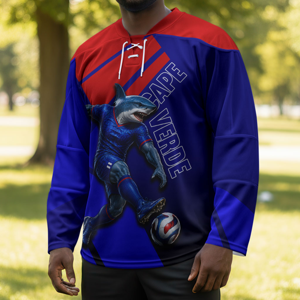 Personalized Cape Verde Soccer Shark Mascot Hockey Jersey Blue Sharks Football Player Dynamic Graphic