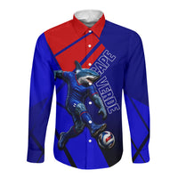 Personalized Cape Verde Soccer Shark Mascot Long Sleeve Button Shirt Blue Sharks Football Player Dynamic Graphic