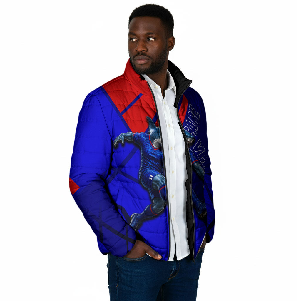 Personalized Cape Verde Soccer Shark Mascot Padded Jacket Blue Sharks Football Player Dynamic Graphic