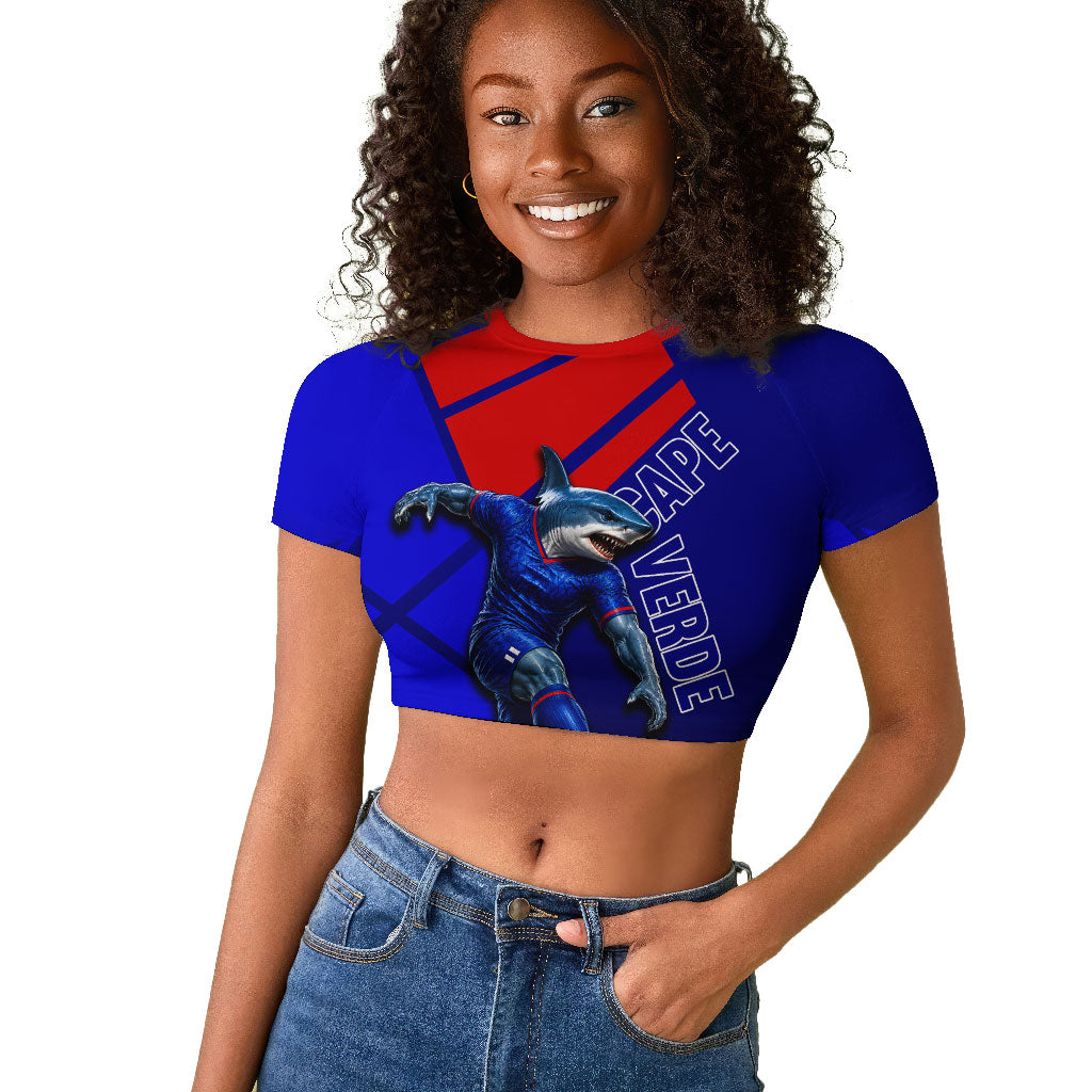 Personalized Cape Verde Soccer Shark Mascot Raglan Cropped T shirt Blue Sharks Football Player Dynamic Graphic