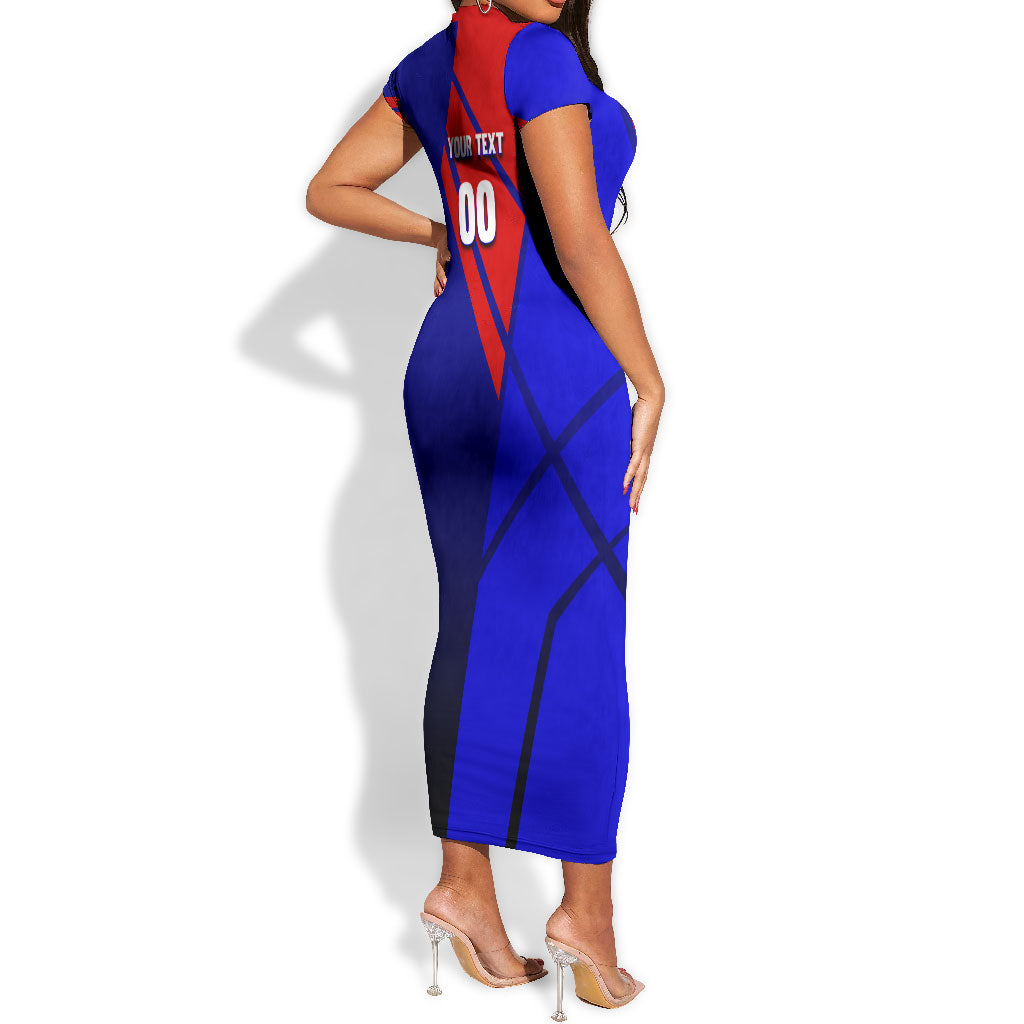 Personalized Cape Verde Soccer Shark Mascot Short Sleeve Bodycon Dress Blue Sharks Football Player Dynamic Graphic