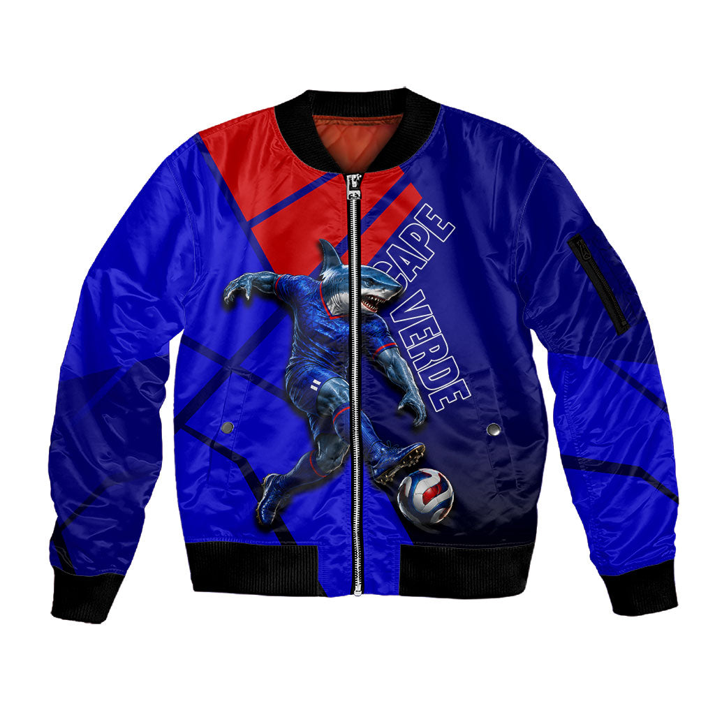 Personalized Cape Verde Soccer Shark Mascot Sleeve Zip Bomber Jacket Blue Sharks Football Player Dynamic Graphic