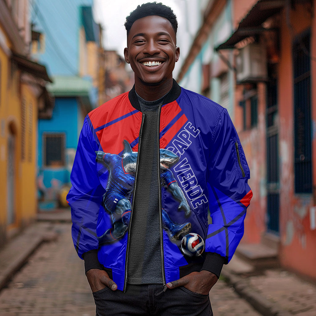 Personalized Cape Verde Soccer Shark Mascot Sleeve Zip Bomber Jacket Blue Sharks Football Player Dynamic Graphic