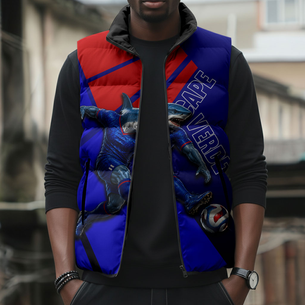 Personalized Cape Verde Soccer Shark Mascot Sleeveless Puffer Jacket Blue Sharks Football Player Dynamic Graphic