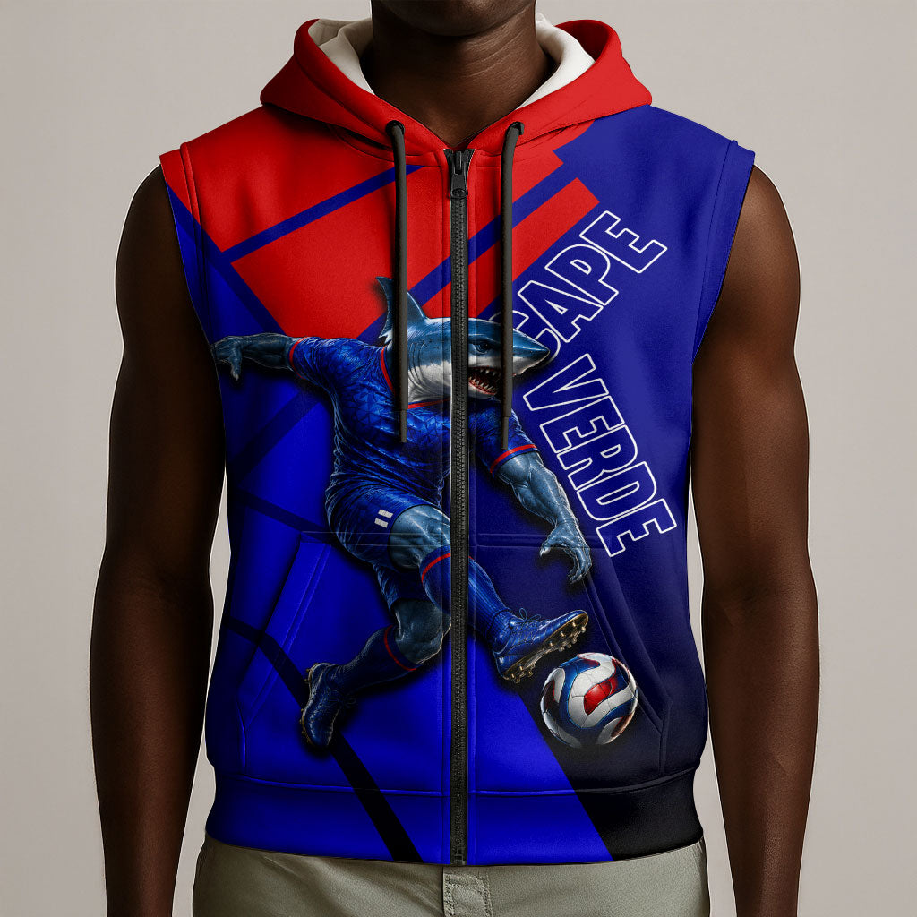Personalized Cape Verde Soccer Shark Mascot Sleeveless Zip Hoodie Blue Sharks Football Player Dynamic Graphic