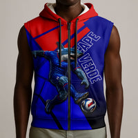 Personalized Cape Verde Soccer Shark Mascot Sleeveless Zip Hoodie Blue Sharks Football Player Dynamic Graphic
