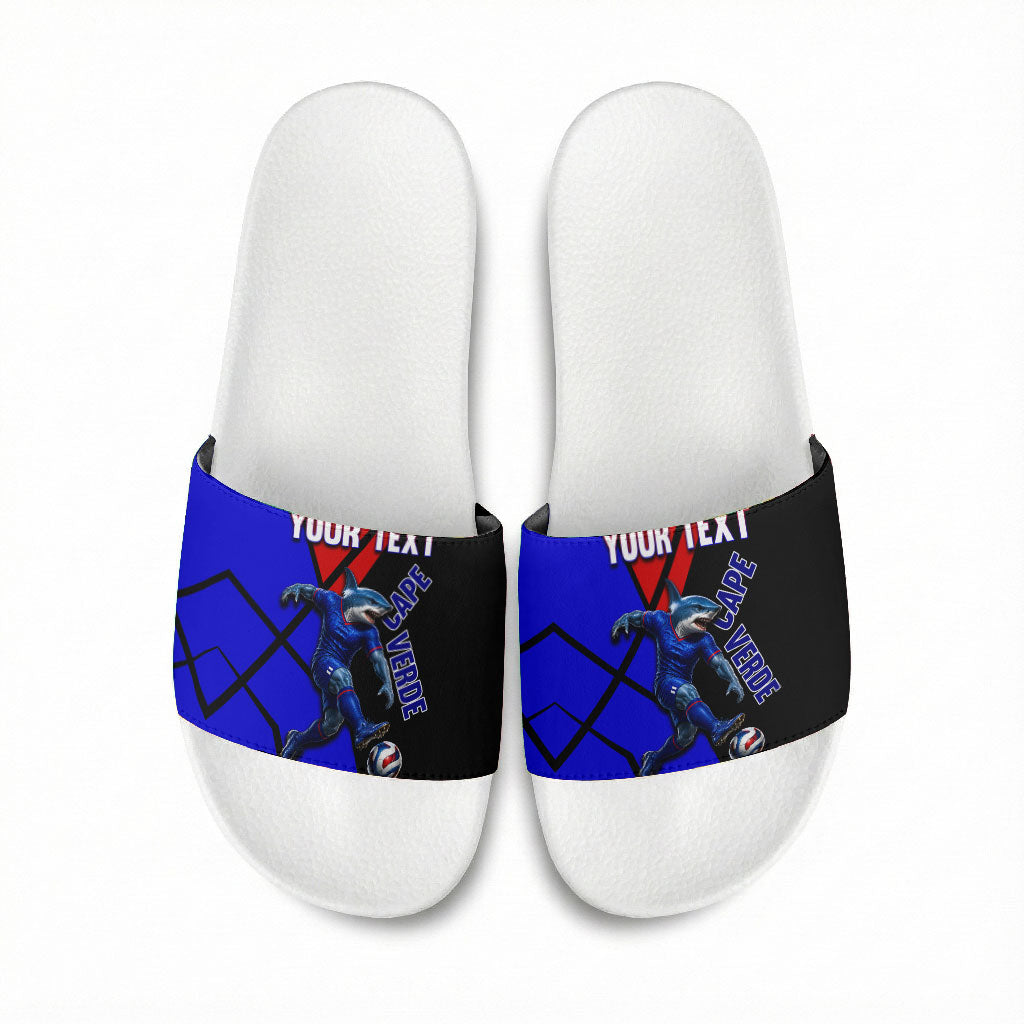 Personalized Cape Verde Soccer Shark Mascot Slide Sandals Blue Sharks Football Player Dynamic Graphic