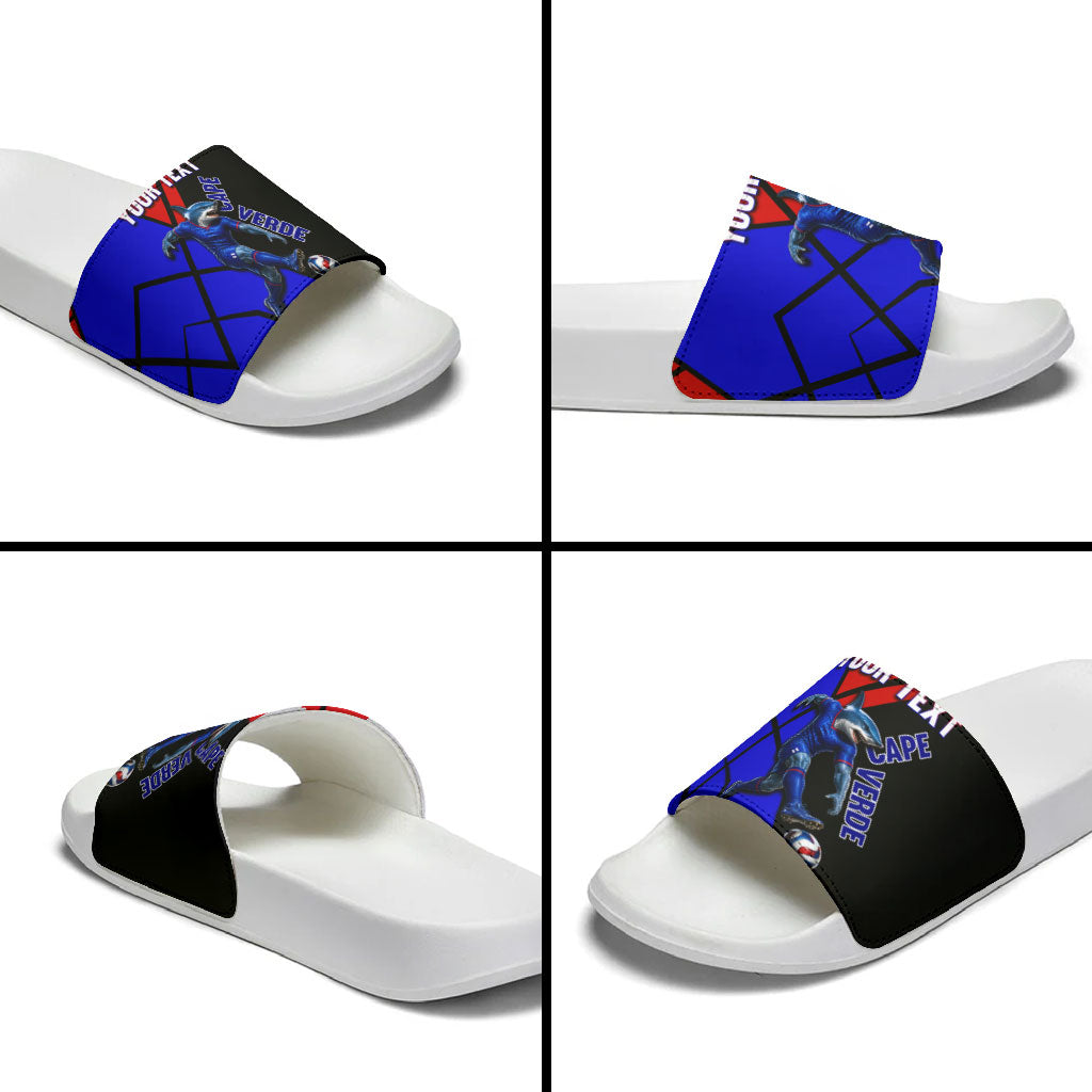 Personalized Cape Verde Soccer Shark Mascot Slide Sandals Blue Sharks Football Player Dynamic Graphic