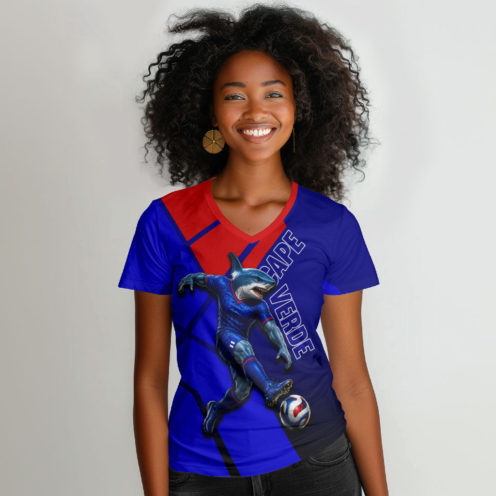 Personalized Cape Verde Soccer Shark Mascot Women V-Neck T-Shirt Blue Sharks Football Player Dynamic Graphic