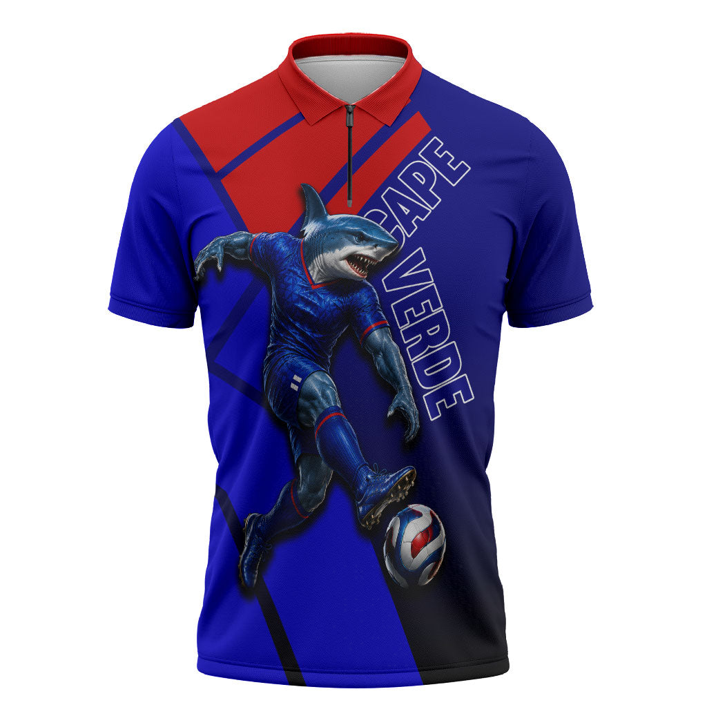 Personalized Cape Verde Soccer Shark Mascot Zipper Polo Shirt Blue Sharks Football Player Dynamic Graphic