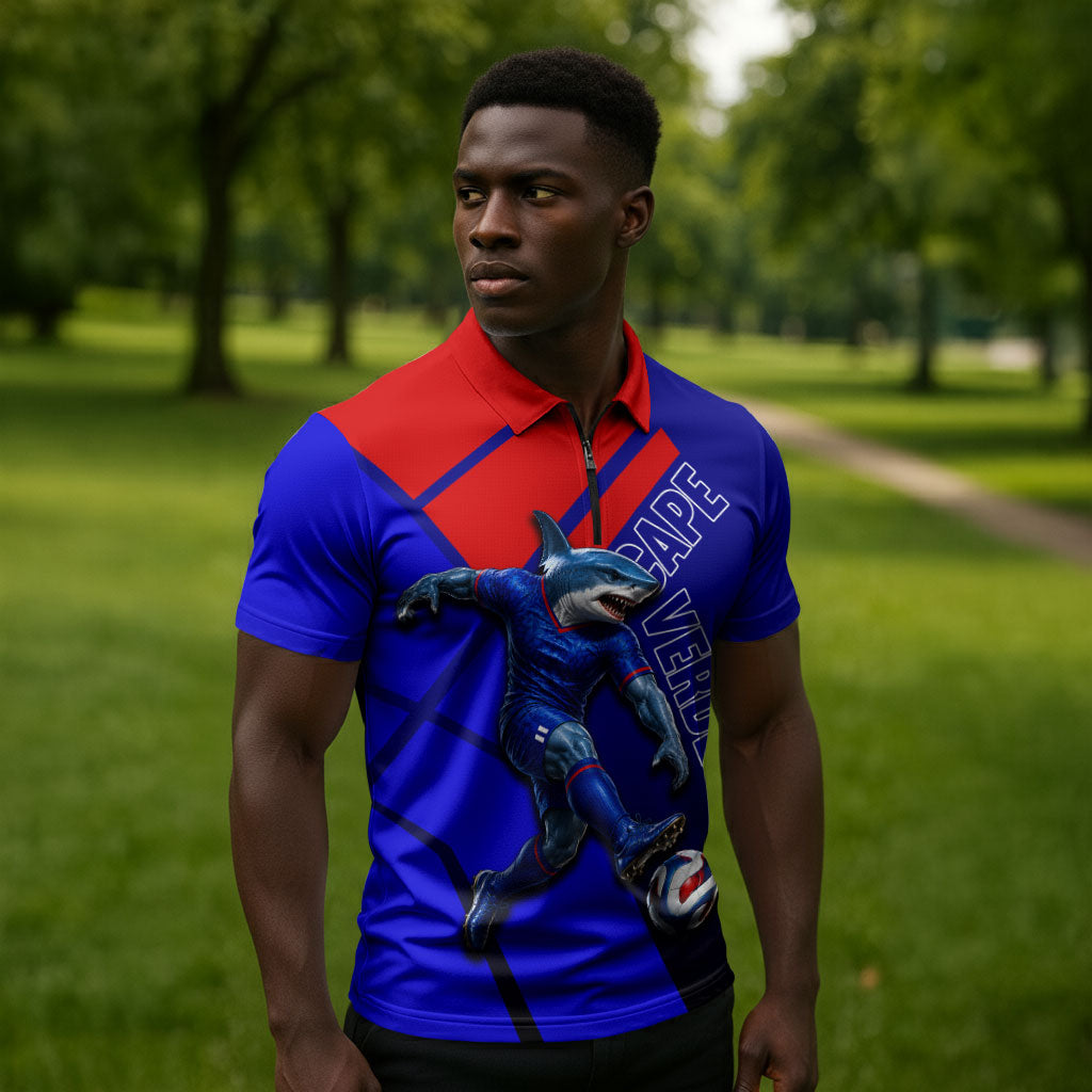 Personalized Cape Verde Soccer Shark Mascot Zipper Polo Shirt Blue Sharks Football Player Dynamic Graphic