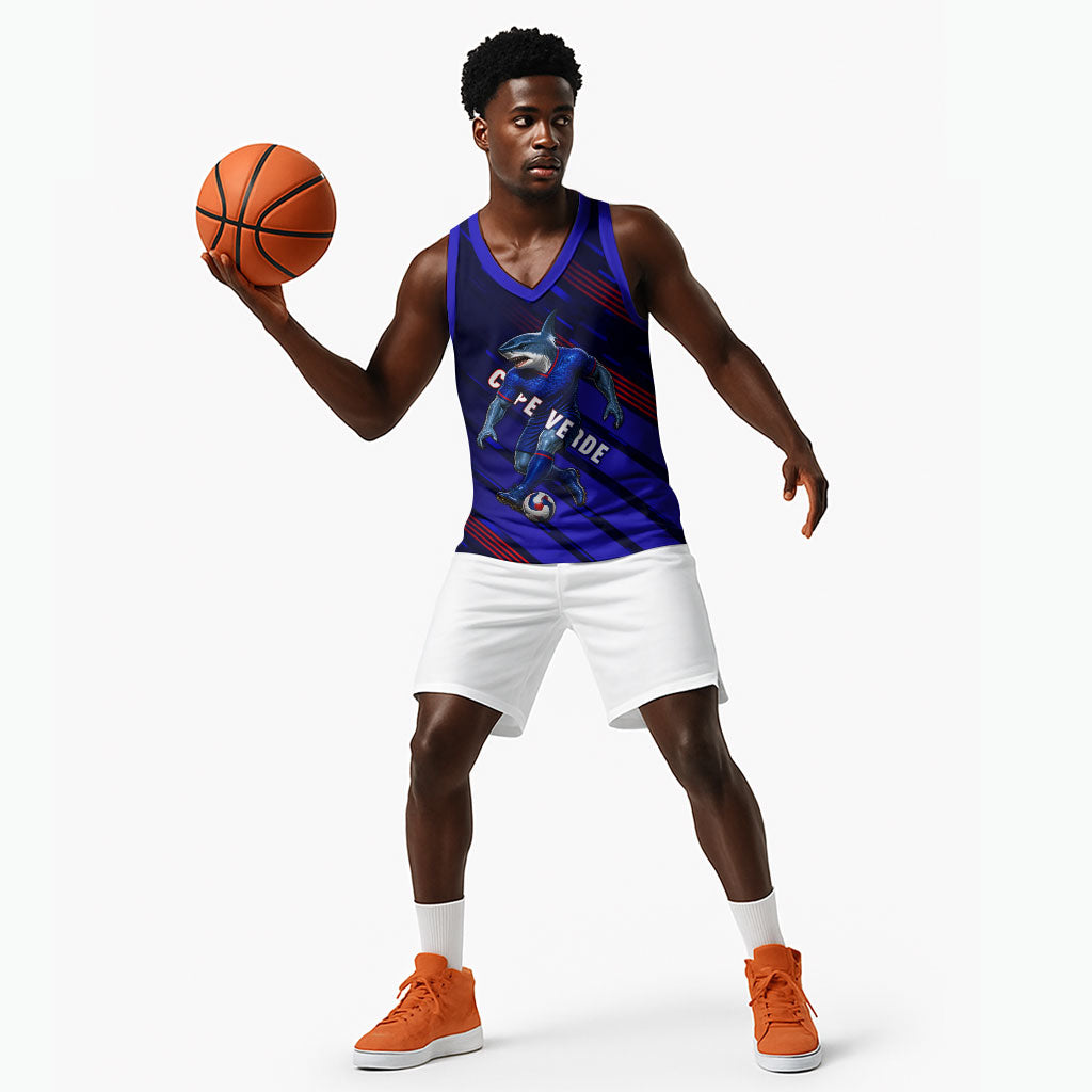 Personalized Cape Verde Soccer Basketball Jersey Shark Mascot Football Player Striped Pattern