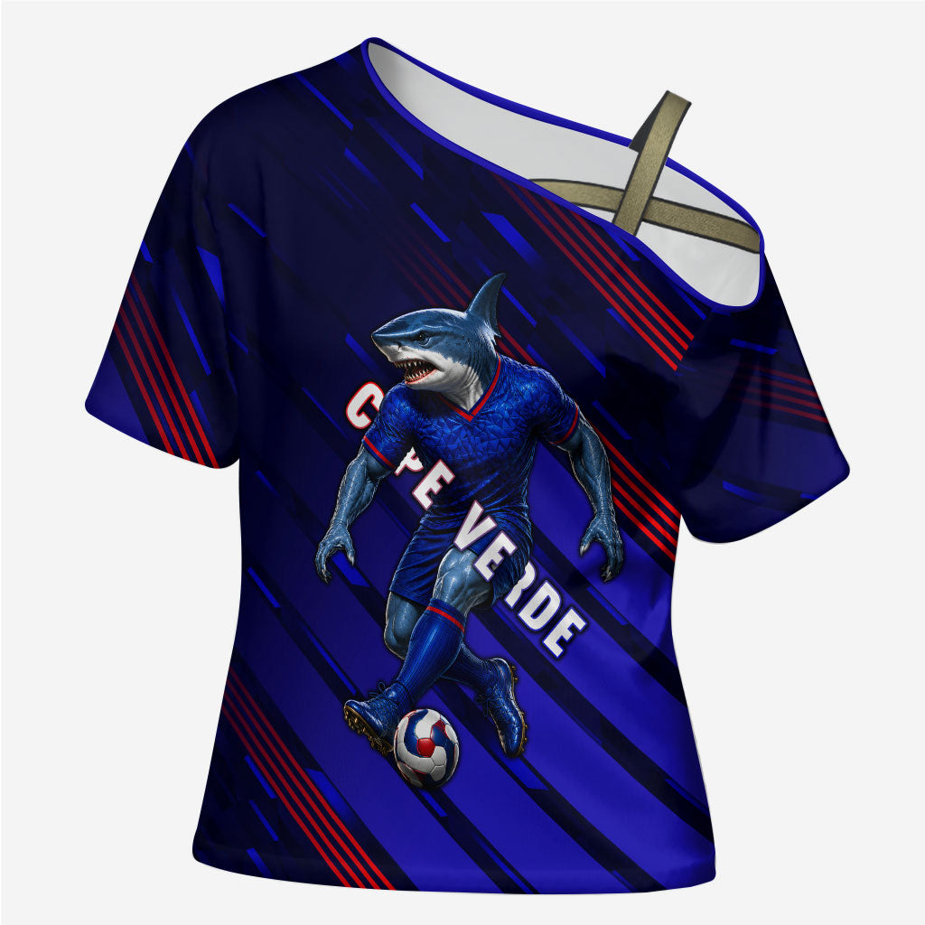Personalized Cape Verde Soccer Cross Shoulder Shirt Shark Mascot Football Player Striped Pattern