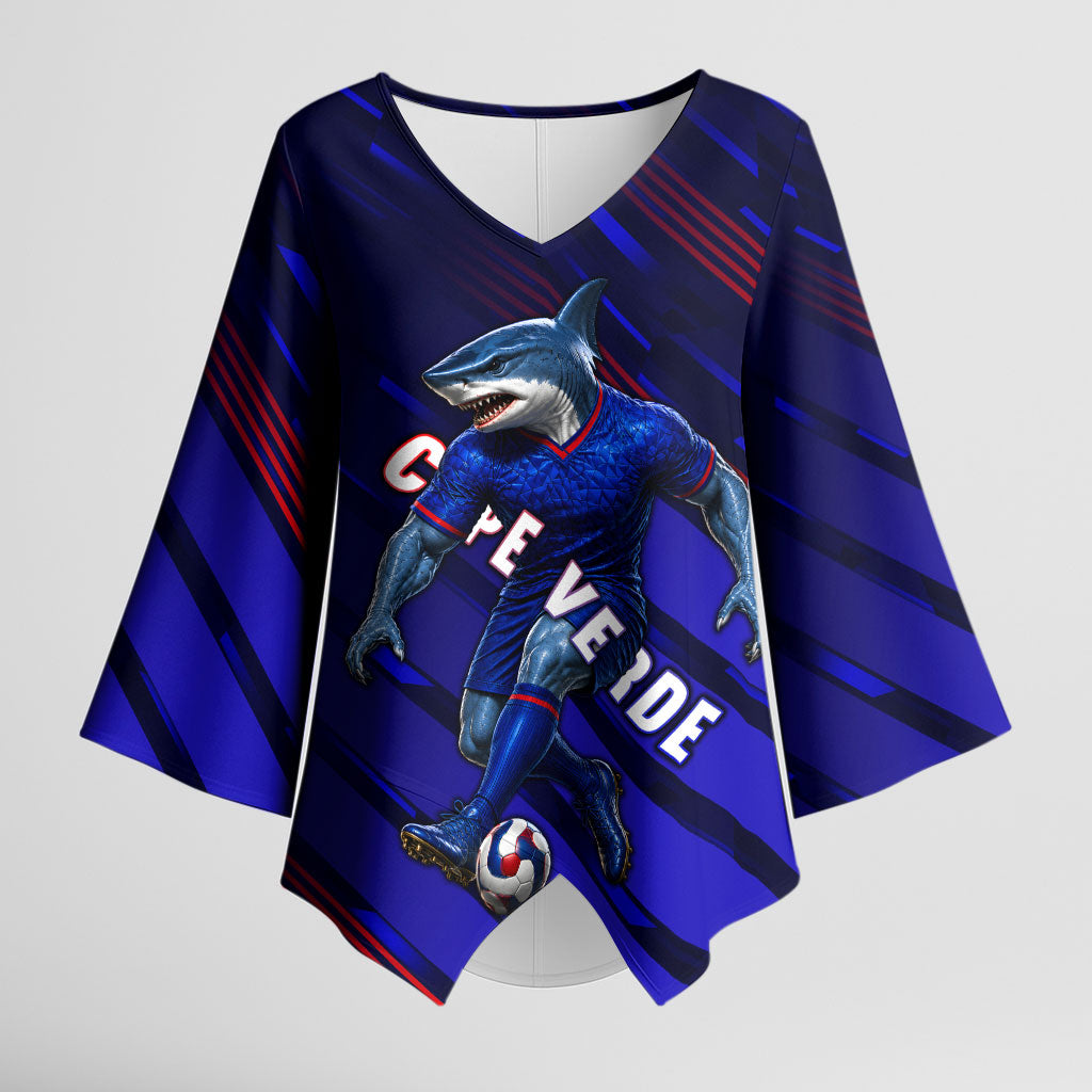 Personalized Cape Verde Soccer Kimono Sleeve Blouse Shark Mascot Football Player Striped Pattern