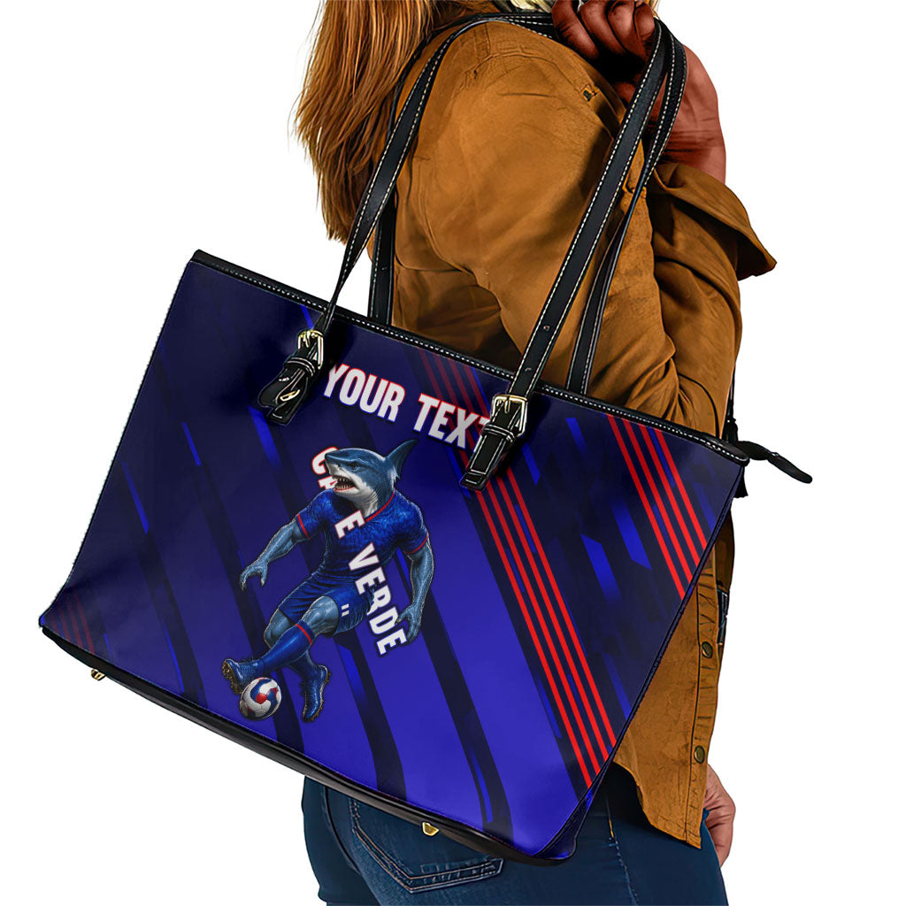 Personalized Cape Verde Soccer Leather Tote Bag Shark Mascot Football Player Striped Pattern