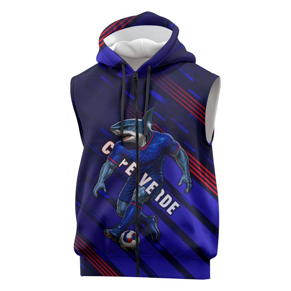 Personalized Cape Verde Soccer Sleeveless Zip Hoodie Shark Mascot Football Player Striped Pattern