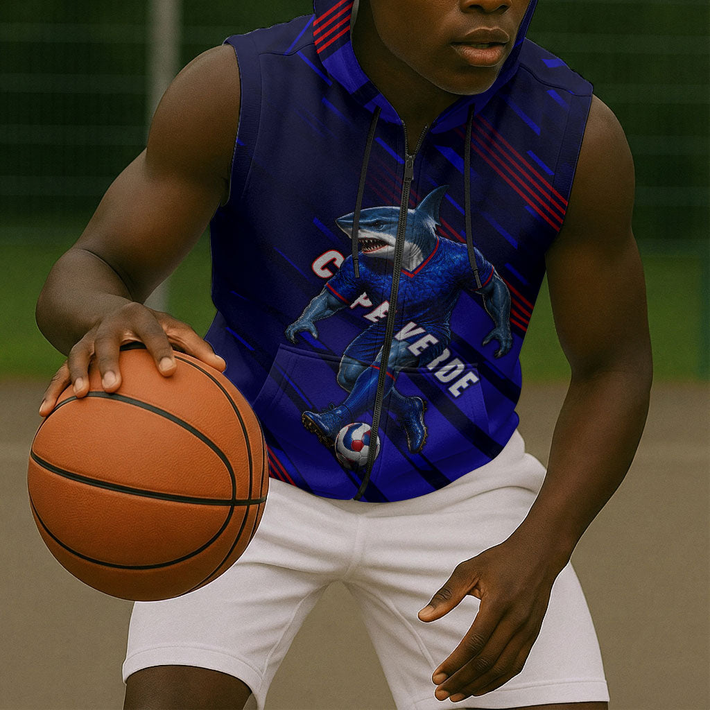 Personalized Cape Verde Soccer Sleeveless Zip Hoodie Shark Mascot Football Player Striped Pattern