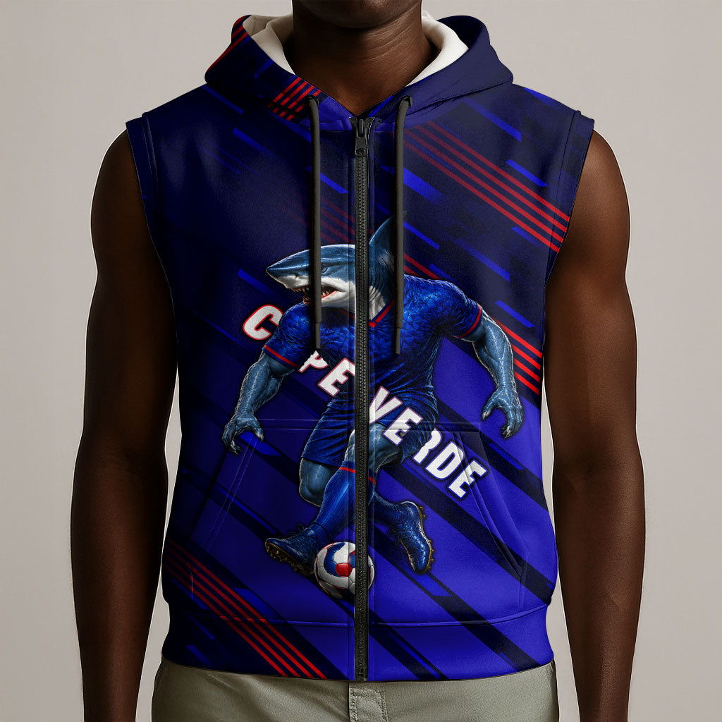 Personalized Cape Verde Soccer Sleeveless Zip Hoodie Shark Mascot Football Player Striped Pattern