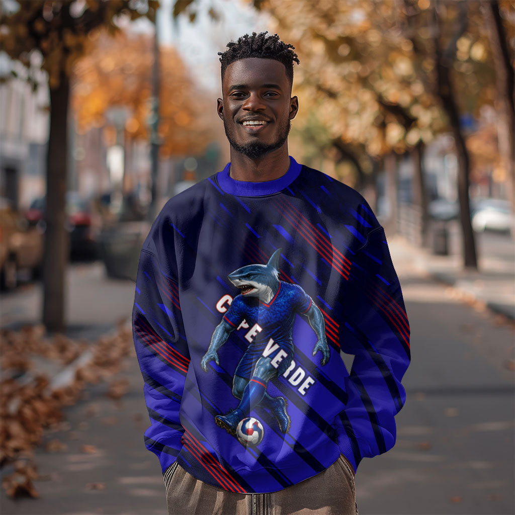 Personalized Cape Verde Soccer Sweatshirt Shark Mascot Football Player Striped Pattern