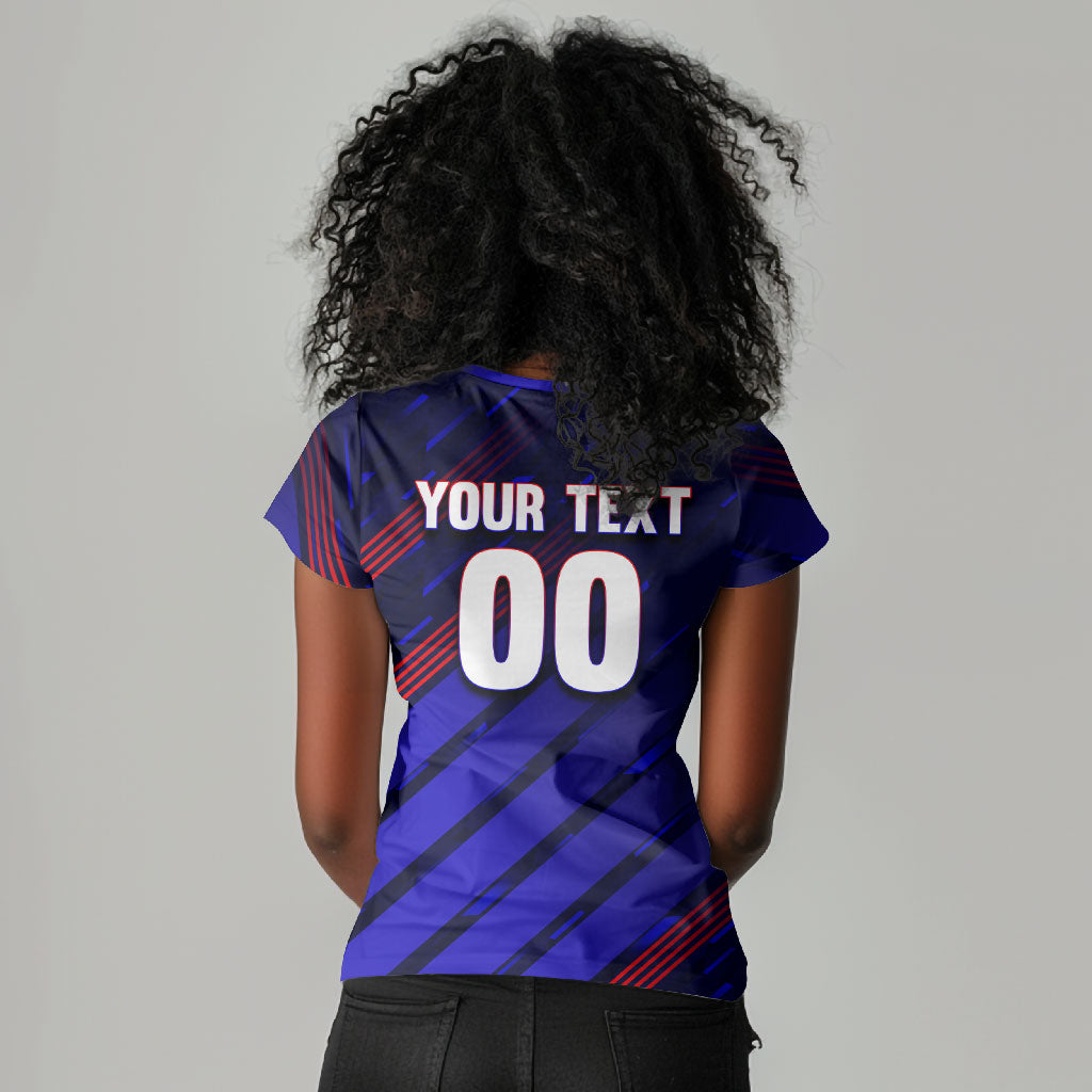 Personalized Cape Verde Soccer Women V-Neck T-Shirt Shark Mascot Football Player Striped Pattern