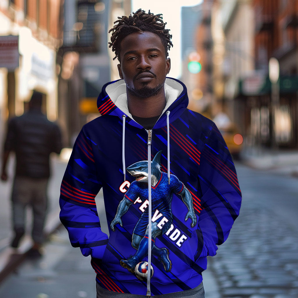 Personalized Cape Verde Soccer Zip Hoodie Shark Mascot Football Player Striped Pattern
