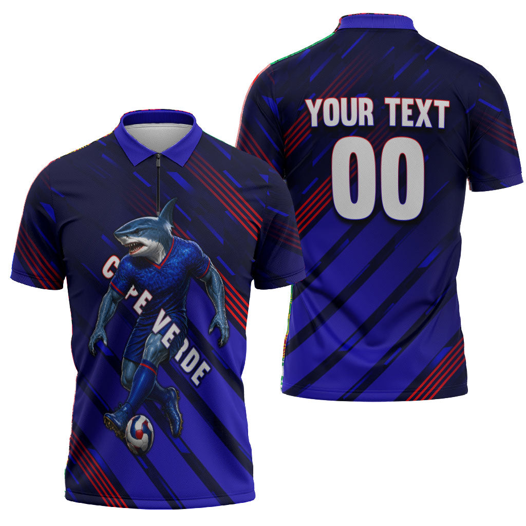 Personalized Cape Verde Soccer Zipper Polo Shirt Shark Mascot Football Player Striped Pattern