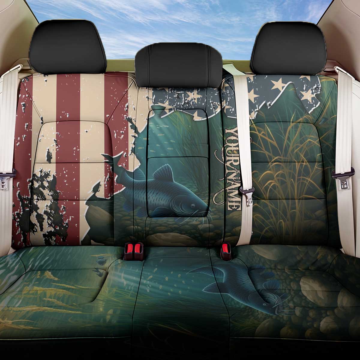 Catfish Fishing Back Car Seat Cover with Underwater Scene and Distressed American Flag Background - Wonder Print Shop