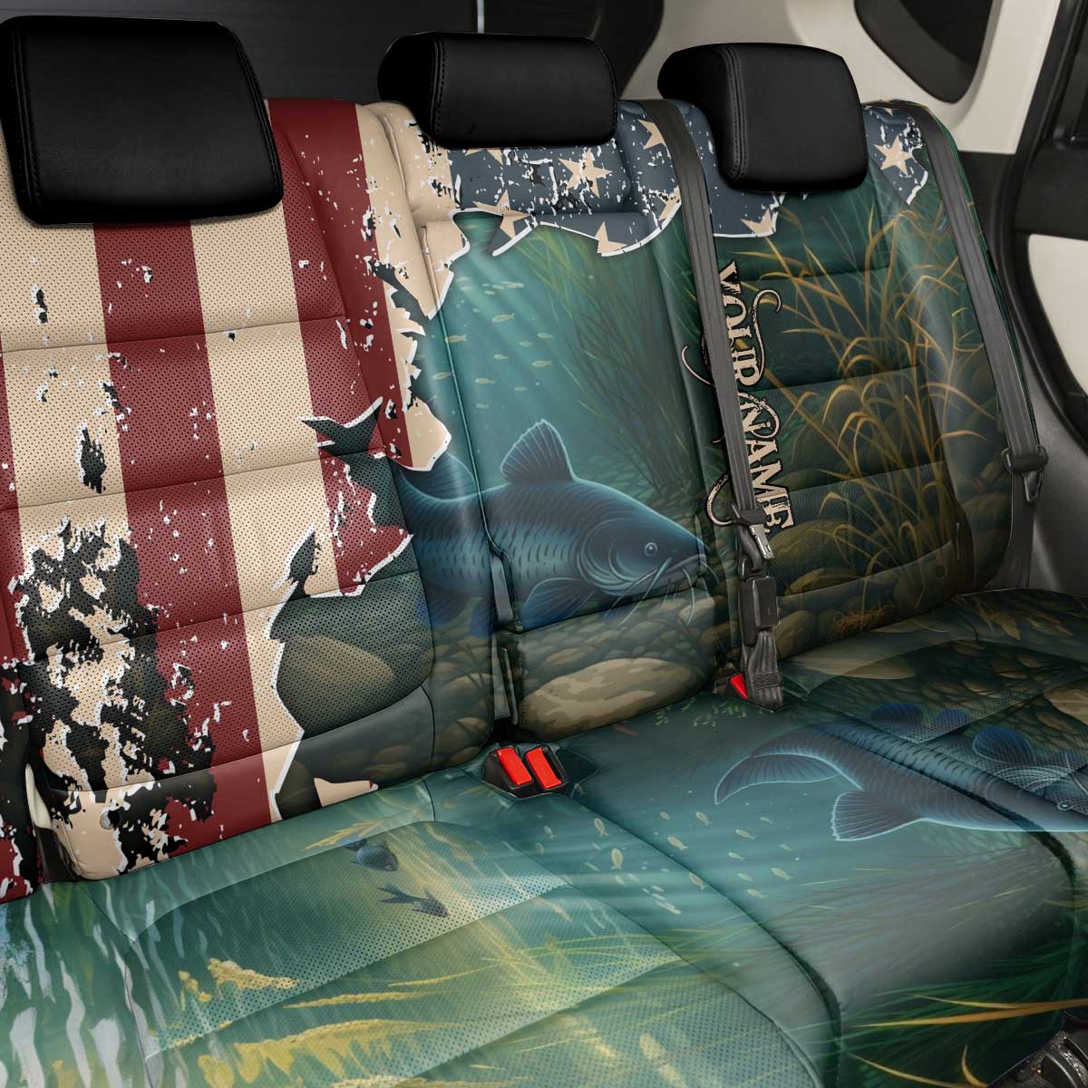 Catfish Fishing Back Car Seat Cover with Underwater Scene and Distressed American Flag Background - Wonder Print Shop