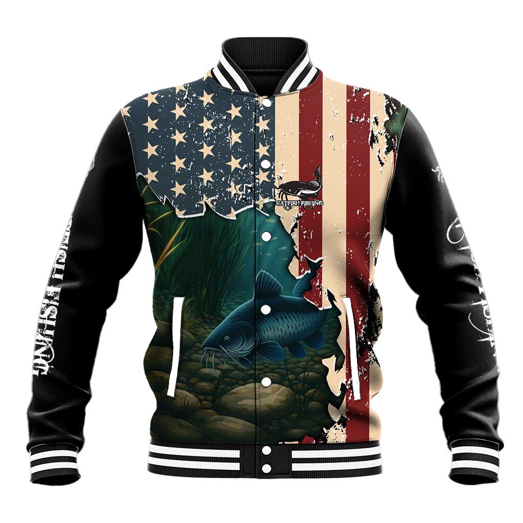 Catfish Fishing Baseball Jacket with Underwater Scene and Distressed American Flag Background - Wonder Print Shop