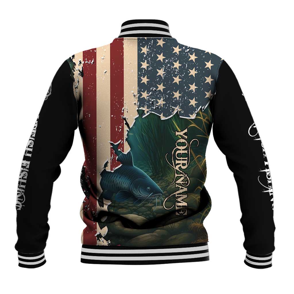 Catfish Fishing Baseball Jacket with Underwater Scene and Distressed American Flag Background - Wonder Print Shop